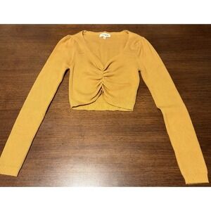 The Vintage Shop Cropped Ribbed Knit Woman's Sweater Size L Yellow Ruched V Neck